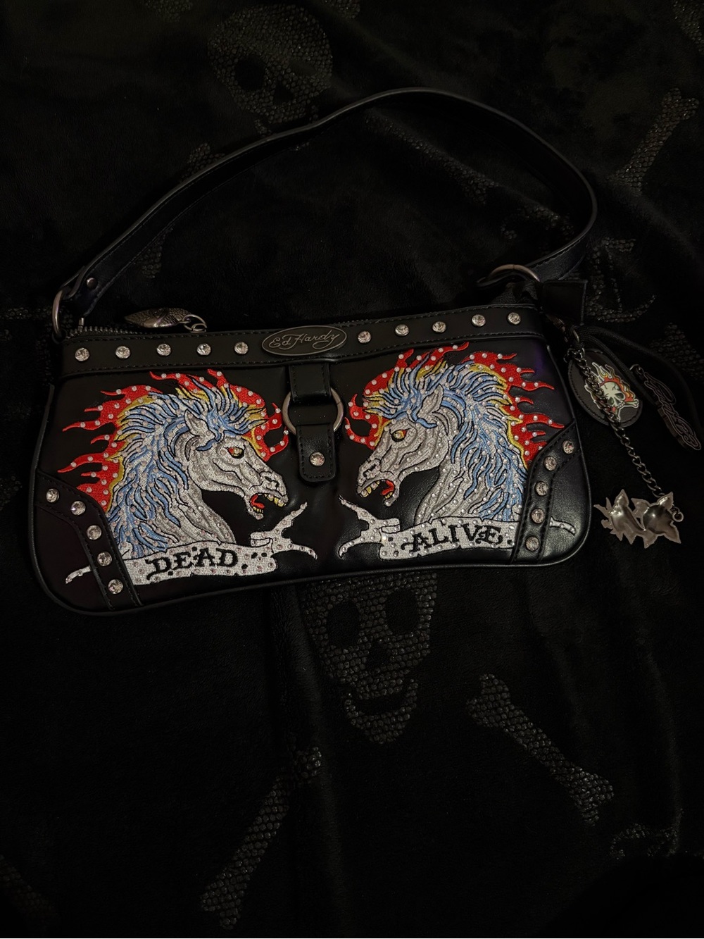 Ed Hardy Black Shoulder Bag with Twin Unicorn Graphic